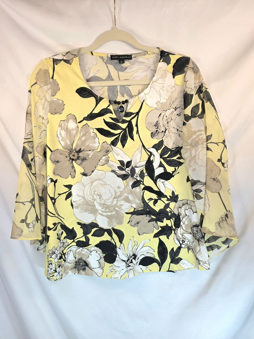 Sara Michelle Cottagecore Office Floral 3/4 Sleeve Beaded Blouse Yellow Size L